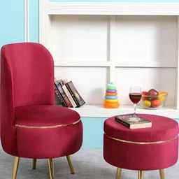 Shadowkart Maroon & Gold-Toned 2 Pieces Wooden Cylindrical Pouffes Ottomans-image-36