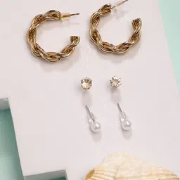 DressBerry Set Of 3 Gold-Plated Artificial Stones Studded Circular Studs-9
