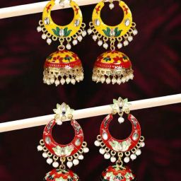 OOMPH Yellow & Red Meenakari Kundan & Pearls Jhumki Earrings for Women - Set of 2-19