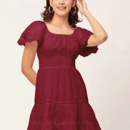Moomaya Maroon Cotton Fit & Flare Dress-image-20