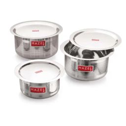 HAZEL Silver Stainless Steel Designer Cooking Tope Utensil Set With Lid - Set of 3-image-42