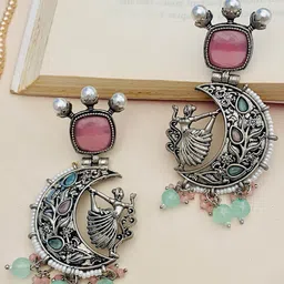 Anouk Silver-Plated Stones Studded & Beaded Crescent Shaped Oxidised Drop Earrings-picture-11