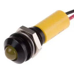 RS PRO Yellow Panel Mount Indicator 12V DC, Mounting Hole Size 8 mm, Termination Type Lead Wires, IP Rating IP67, Model No 7239539-13