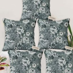 Blue Grass Grey & White 5 Pieces Floral Printed Velvet Square Cushion Covers-image-51