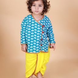 KID1 Krish Full Sleeves Elephant Motif Printed Angrakha Dhoti - Skyblue Yellow-image-28