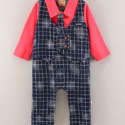 Wow Clothes Cotton Woven Full Sleeves Romper with Waistcoat & Tie Checkered - Cherry-14