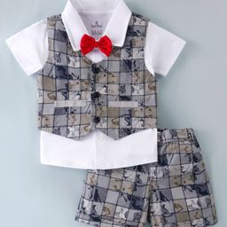 Child World Cotton Woven Half Sleeves Party Suits with Bow CheckeredPrinted - Grey-image-71