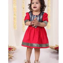 Vastramay Half Sleeves Floral Woven Design & Lace Embellished Ethnic Dress - Red And Navy Blue-picture-10