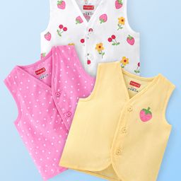 Babyhug 100% Cotton Knit Sleeveless Jhablas Polka Dot & Strawberry Print Pack of 3 - Pink White & Yellow-image-98