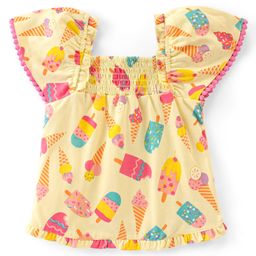 Babyhug 100% Cotton Woven Half Sleeves Top With Smocking, Lace Detailing & Ice Cream Print - Yellow-image-51