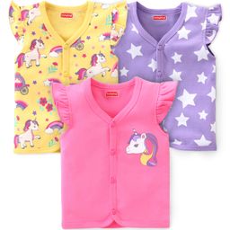 Babyhug 100% Cotton Knit Frill Sleeves Front Open Vests Unicorn & Star Print Pack of 3 - Pink Yellow & Purple-image-6