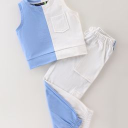 Tiara Cotton Jersey Sleeveless Colour Blocked Coordinating Tee With Joggers Set - Blue-20