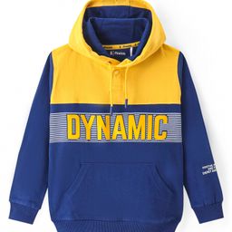 Pine Kids Cotton Knit Full Sleeves Hooded Sweatshirt with Cut & Sew Design & Text Print - Yellow & Navy Blue-image-81