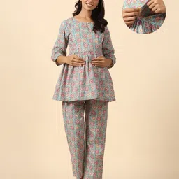 Ikk Kudi by Seerat Cotton Woven Three Fourth Sleeves Floral Printed Peplum Top With Zipper Nursing Access & Pant Set - Blue-picture-6
