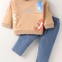 ToffyHouse Fleece Knit Full Sleeves Winter Wear T-Shirt & Lounge Pant Set With Animal Print - Tan-image-57