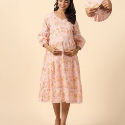 Ikk Kudi by Seerat Cotton Woven Three Fourth Sleeves Floral  Printed Dress With Concealed Zipper Nursing Access - Light Pink-image-98