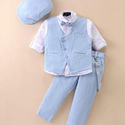 Robo Fry Lycra Knit Full Sleeves Printed 3 Piece Party Suit with Bow Hat & Suspender  - Sky Blue-image-74
