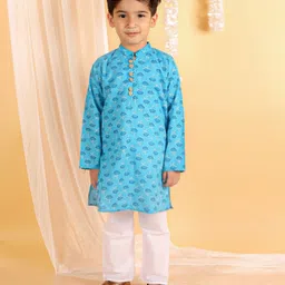The Mom Store Cotton Full Sleeves Floral Printed Kurta Pyjama Set - Blue-picture-1