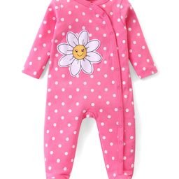 Babyhug Cotton Knit Full Sleeves Front Open Footed Sleepsuit with Polka Dots Print - Dark Pink-image-14
