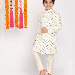 Vastramay Silk Full Sleeves Mirror Work Detailed Sherwani & Pyjama Set - Cream-image-2