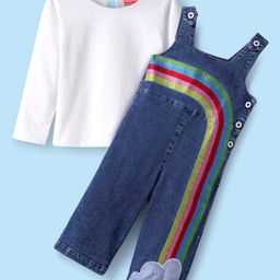 Babyhug Cotton Knit Jumpsuit With Rainbow Embroidery & Full Sleeves T-Shirt - Navy Blue & White-image-49