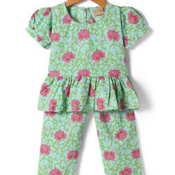 Ridokidz Half Puffed Sleeves Floral Printed Ethnic Top With Coordinating Pant Set - Sea Green-image-97