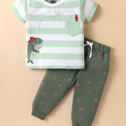 Mini Taurus 100% Cotton Knit Half Sleeves Striped Night Suit with Fish Print - Olive Green-image-93