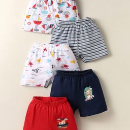OHMS Single Jersey Knit Knee Length Shorts With Stripes Sea Life & Nautical Theme Print Pack Of 5 - Multicolour-image-35