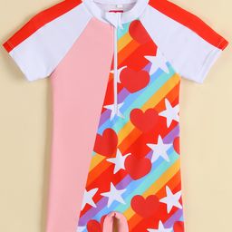 Babyhug Half Raglan Sleeves Printed Legged Swimsuit - Red-image-70