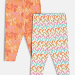 MINI KLUB Cotton Knit Pack Of 2 Bows & Waves Printed Leggings - Orange & Pink-image-7