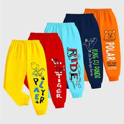 KUCHIPOO Cotton Pack Of 5 Animals & Ride Text Printed Pajama - Red Yellow Blue Orange Aqua & Navy Blue-image-80