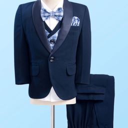Robo Fry Cotton Woven Full Sleeves Check 4 Piece Party Suit With Bow - Navy Blue-picture-6