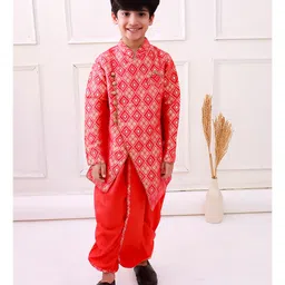 Elaisha Woven Full Sleeves Ethnic Foil Printed Kurta & Coordinating Dhoti Set - Red & Orange-picture-20