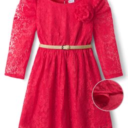 Hola Bonita Knit Three Fourth Sleeves Lace Dress with Belt & Floral Applique - Red-picture-10