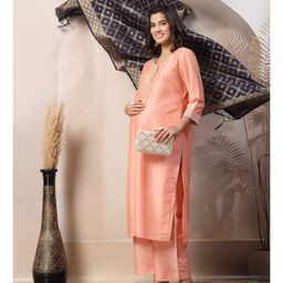 Zelena Three Fourth Sleeves Floral Embroidered & Foil Printed Maternity Kurta With Nursing Access & Salwar With Dupatta Set - Peach image 4