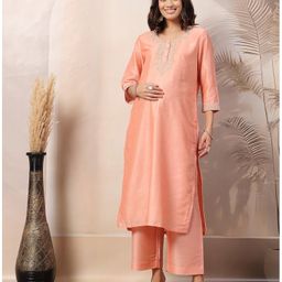 Zelena Three Fourth Sleeves Floral Embroidered & Foil Printed Maternity Kurta With Nursing Access & Salwar With Dupatta Set - Peach image 5