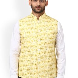 ethnix by Raymond Men Yellow Khadi Pure Cotton Printed Nehru Jacket-image-0