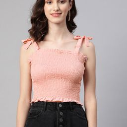 VARUSHKA Pink Smocked Crepe Crop Top-image-79