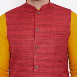 VASTRAMAY Men Mustard Solid Kurta with Pyjamas & Nehru Jacket image 2