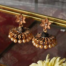 Teejh Arika Nude Pink & Black Golden Enamel Jhumki Earrings-23