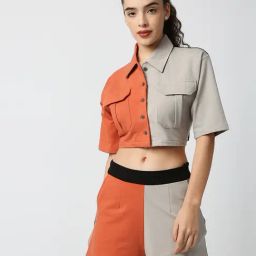 Blamblack Rust & Grey Color-Block Cropped Shirt With Shorts-image-19