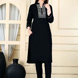 KALINI Ethnic Motifs Embroidered Thread Work Mandarin Collar Straight Kurta With Trousers-picture-30
