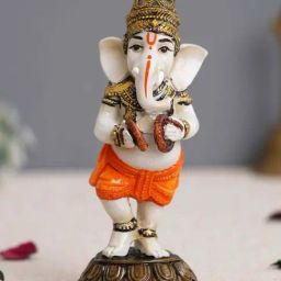 eCraftIndia White & Orange Resin Standing Lord Ganesha Idol Playing Manjira Showpiece-image-60