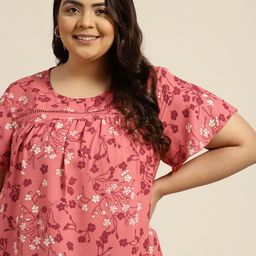 Sztori Women Plus Size Pink & Off White Floral Print Top-54