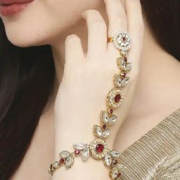 Oomph Red Stones & Kundan Ethnic Statement Hand Harness-18