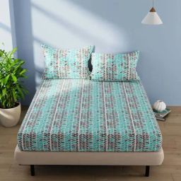 BIANCA Serina Sea Green & Grey Cotton 144 TC Double Size Bed Sheet With Pillow covers-image-9