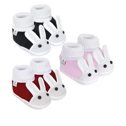Neska Moda 12 To 18 Month Non Slip Baby Boys & Girls Pack of 3 Pair Cotton Rabbit Slip On Booties (Toe to Heel Length - 14 cm, Black, Maroon, Baby Pink)-image-8