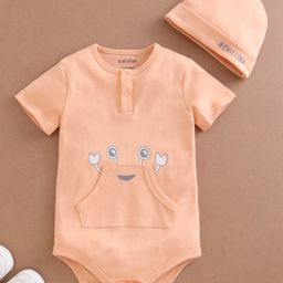Babyoye Half Sleeves Cotton Onesie With A Cap Crab Print- Orange-image-95