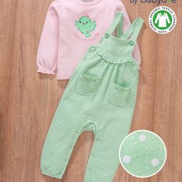 Babyoye Eco conscious Organic 100% Cotton Dungaree Style Romper With Full Sleeves Top Bird Print - Light Pink & Green-image-57