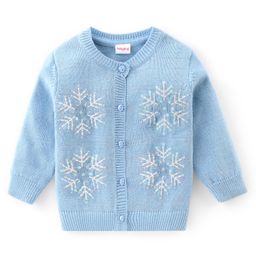 Babyhug Knitted Full Sleeves Front Open Sweater with Snow Flakes Design - Blue-17